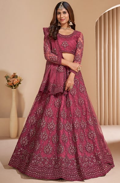 Mauve Pink Embroidered Net Bridal Lehenga Choli for Wedding