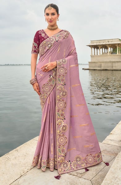 Mauve Pink Tissue Silk Embroidered Designer Saree 
