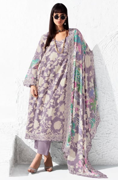 Mauve Printed Pure Muslin Plus Size Suit