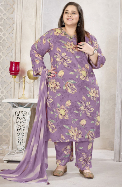 Mauve Printed Rayon Readymade Plus Size Suit