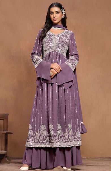 Mauve Purple Embroidered Faux Georgette Palazzo Kameez