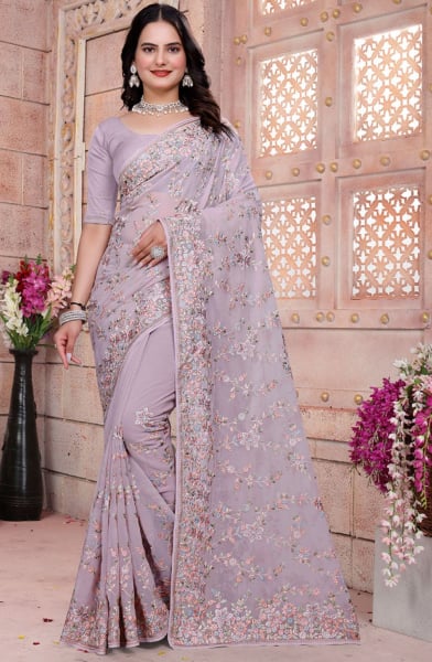 Mauve Resham Embroidered Georgette Saree