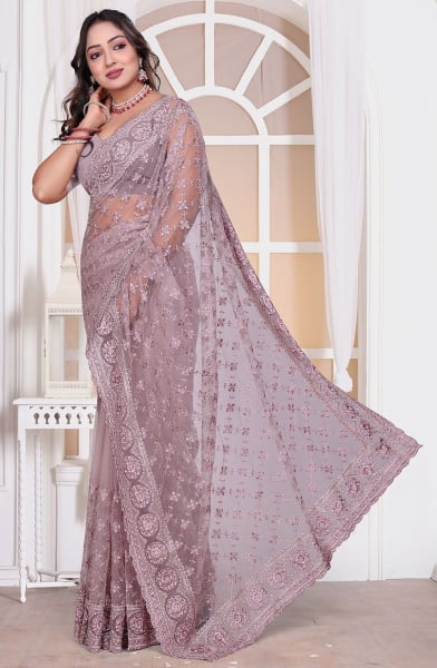 Mauve Resham Embroidered Net Saree