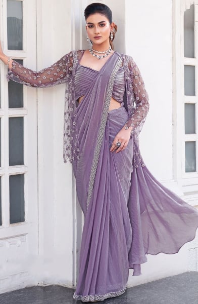 Mauve Satin Silk Ready to Wear Saree with Jacket
