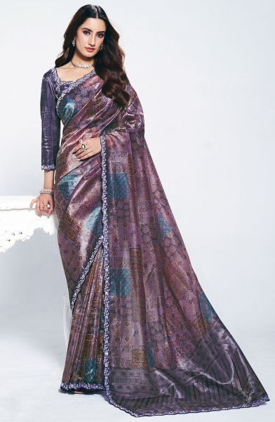Mauve Satin Silk Saree for Ceremonial