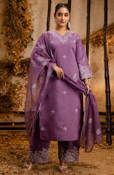Mauve Silk Blend Readymade Palazzo Kameez