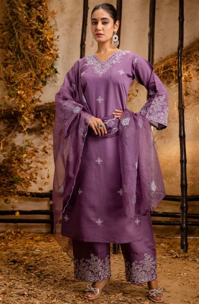 Mauve Silk Blend Readymade Palazzo Kameez