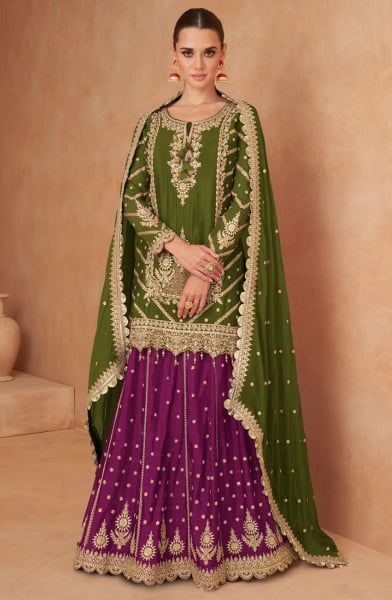 Mehendi Green Real Chinnon Designer Lehenga Suit