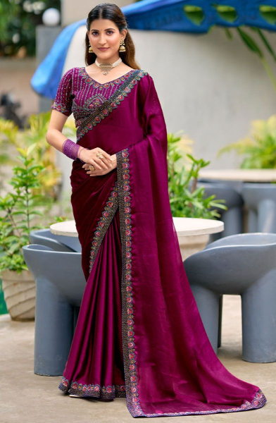 Wine Chiffon Saree with Embroidered Blouse