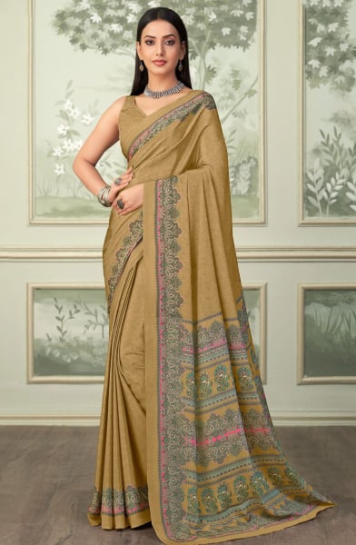 Mehendi Digital Print Silk Crepe Saree