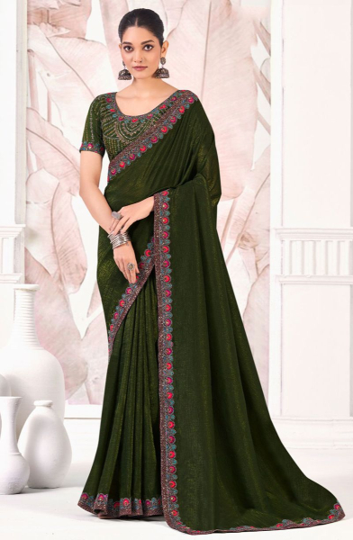 Mehendi Green Chiffon Saree with Embroidered Blouse