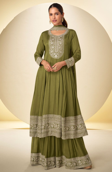 Mehendi Green Embroidered Chinnon Palazzo Kameez