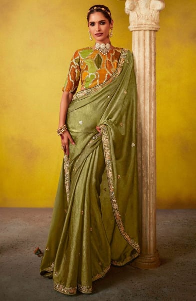 Mehendi Green Embroidered Designer Saree for Wedding