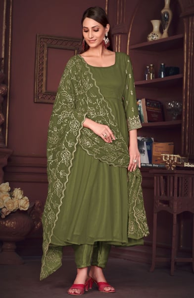 Mehendi Green Embroidered Georgette Anarkali Suit