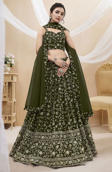 Mehendi Green Embroidered Georgette Lehenga Choli for Sangeet