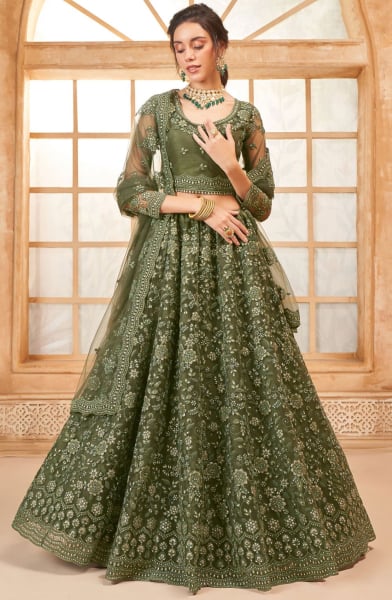 Mehendi Green Embroidered Net Designer Lehenga Choli
