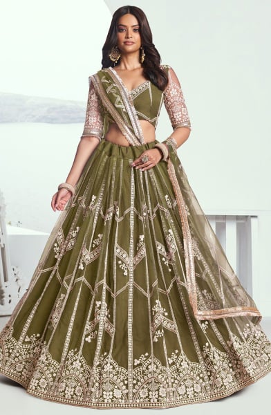 Mehendi Green Embroidered Net Lehenga Choli for Wedding