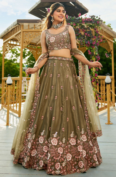 Mehendi Green Embroidered Satin Designer Lehenga Choli
