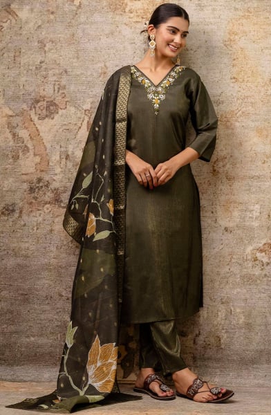 Mehendi Green Embroidered Shimmer Silk Readymade Suit