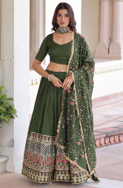 Mehendi Green Embroidered Silk Lehenga Choli