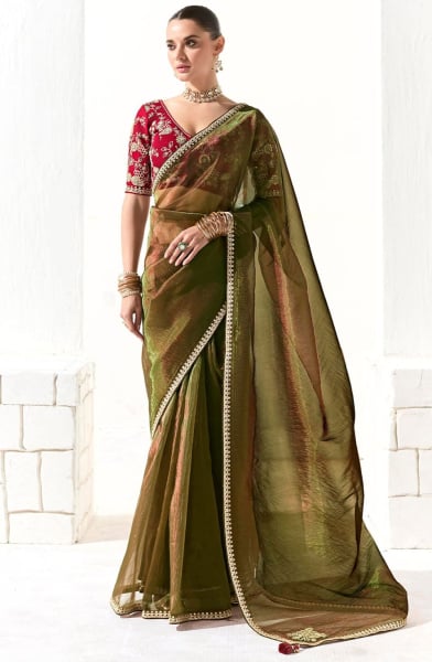 Mehendi Green Embroidered Tissue Designer Saree