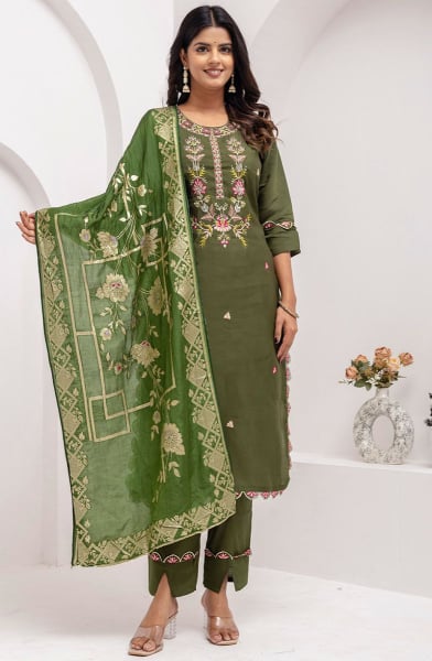 Mehendi Green Embroidered Viscose Silk Readymade Suit