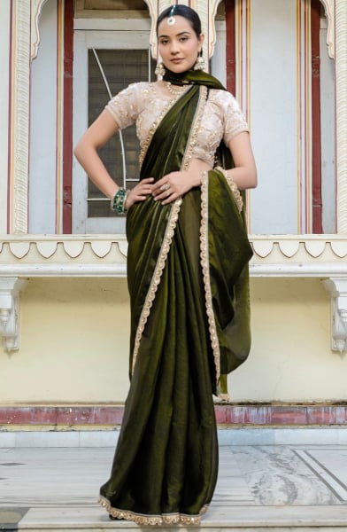 Mehendi Green Handwork Satin Saree for Wedding