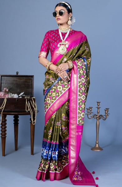 Mehendi Green Patola Print Viscose Silk Saree