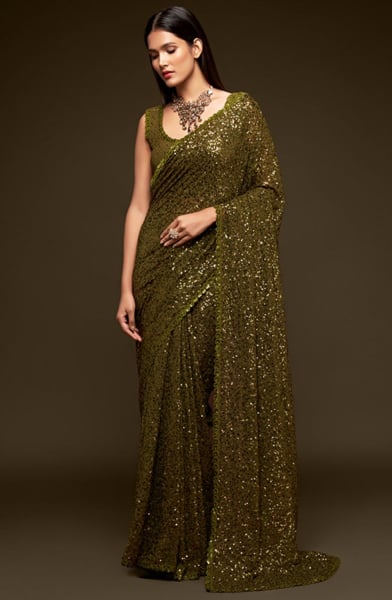 Mehendi Green Sequined Georgette Designer Saree for Party