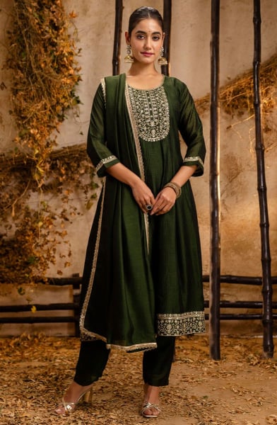 Mehendi Green Silk Blend Readymade Pant Kameez
