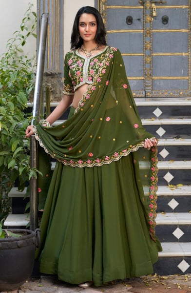 Mehendi Green Silk Lehenga Choli for Ceremonial