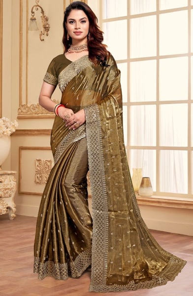 Mehendi Zari Embroidered Burberry Silk Saree