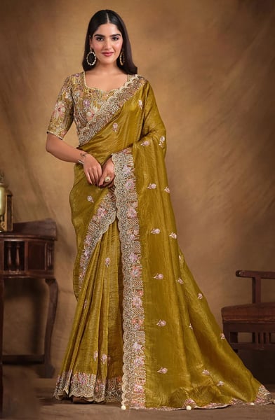 Mehndi Green Heavy Embroidered Designer Saree