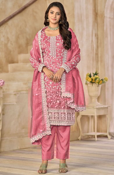 Melon Pink Embroidered Organza Pant Kameez