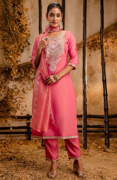 Melon Pink Embroidered Silk Blend Readymade Suit