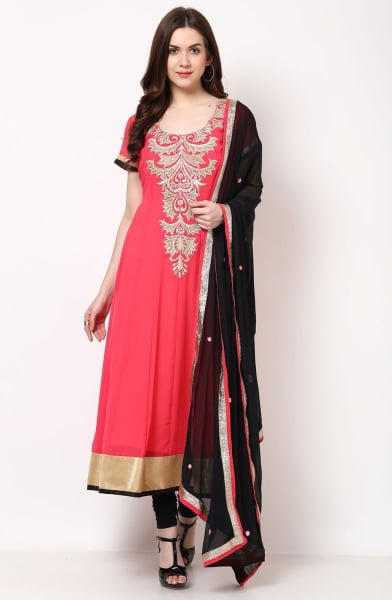 Melon Pink Georgette Readymade Plus Size Suit