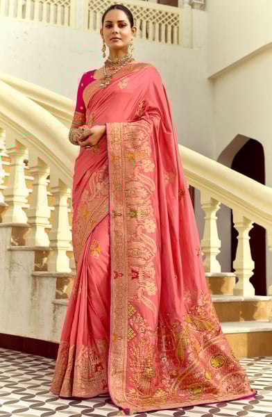 Melon Pink Handwork Dola Silk Saree