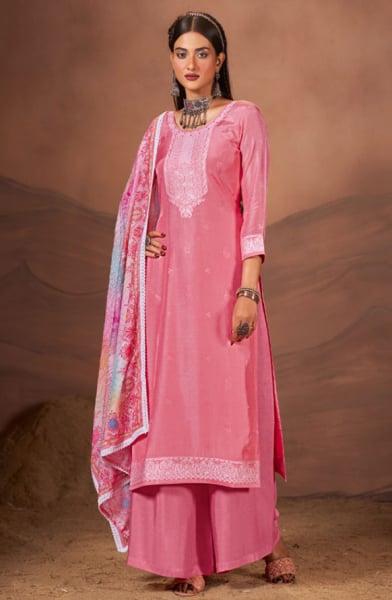 Melon Pink Lakhnavi Weaving Silk Palazzo Kameez
