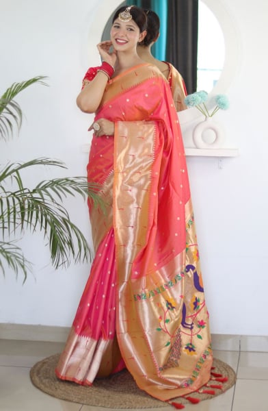Melon Pink Meenakari Woven Paithani Silk Saree