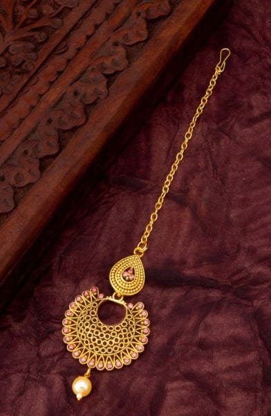 Pink Beads Work Maang Tikka
