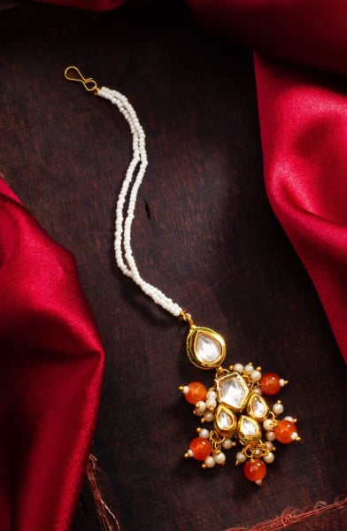 Orange Kundan and Pearls Work Maang Tikka