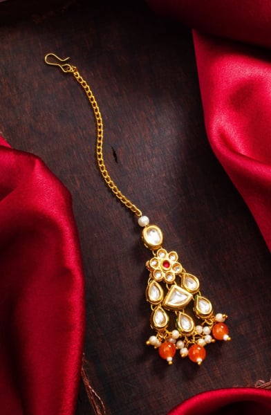 Orange Kundan and Pearls Work Maang Tikka