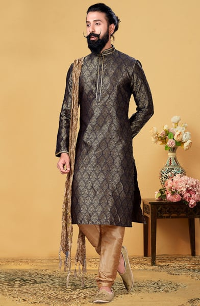 Grey Jacquard Silk Kurta Set