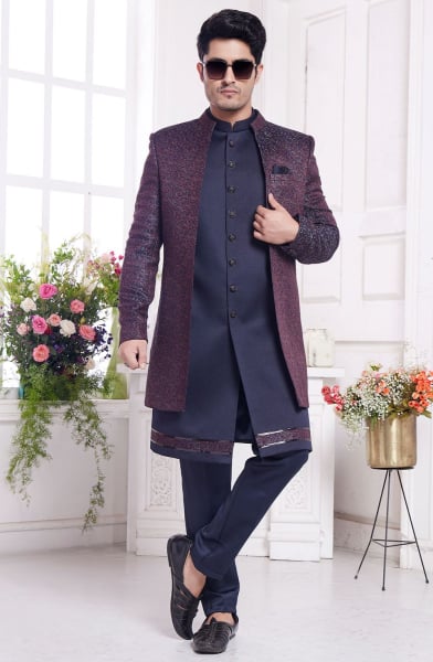 Midnight Blue and Burgundy Jacquard Art Silk IndoWestern