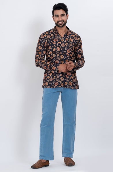 Midnight Blue Cotton Digital Printed Kurta for Festival