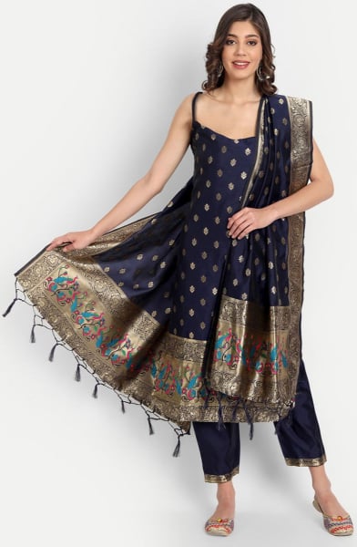 Midnight Blue Cotton Silk Jacquard Readymade Suit