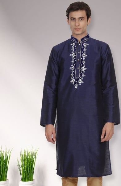 Midnight Blue Dupion Silk Men Plus Size Kurta