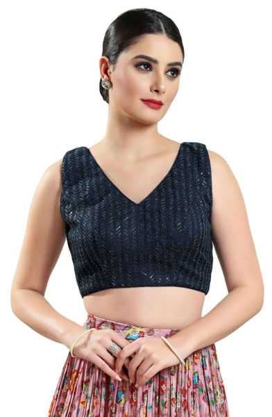 Midnight Blue Embroidered Brocade Blouse