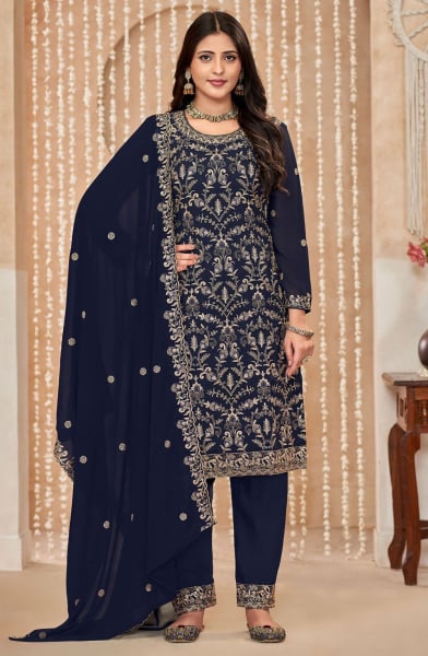 Midnight Blue Embroidered Faux Georgette Pant Kameez
