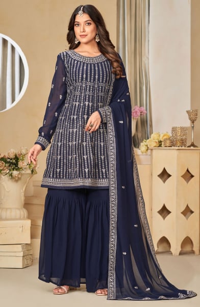Midnight Blue Embroidered Faux Georgette Sarara Kameez